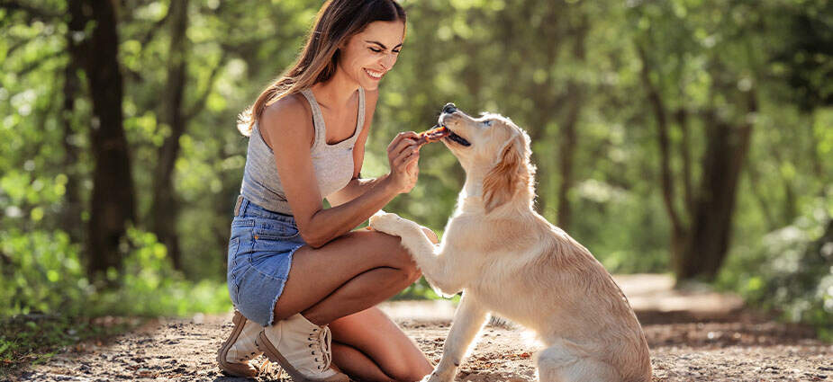 A woman giving their dog a treat.