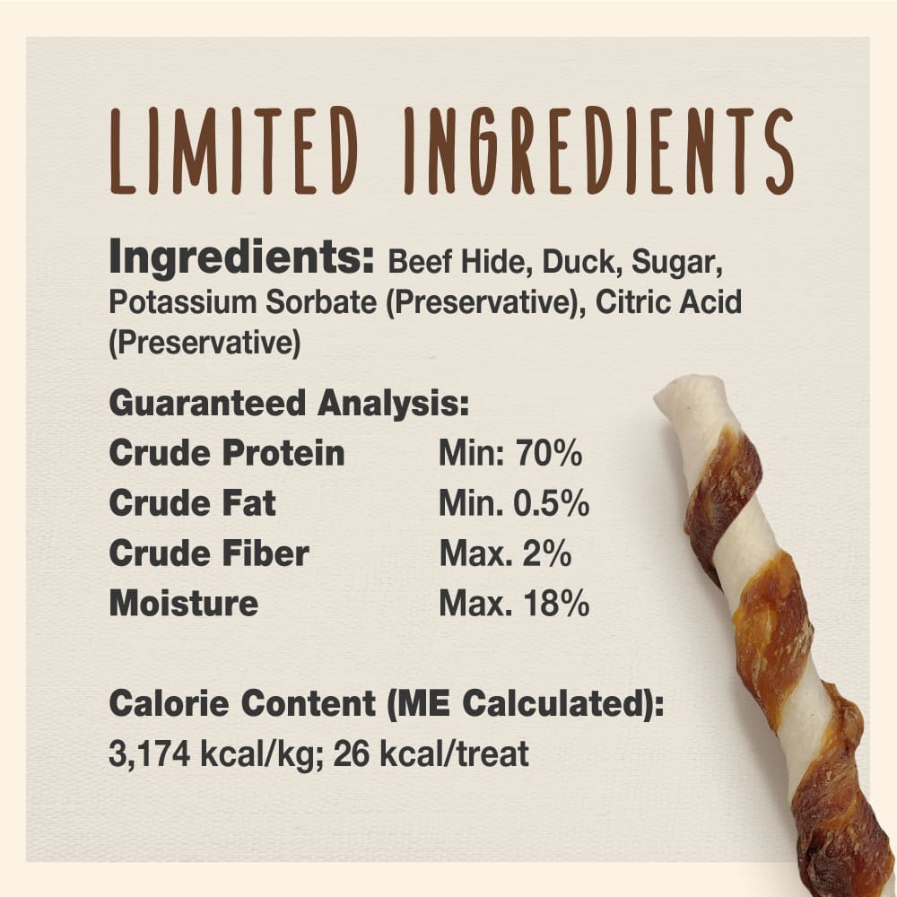 Ingredients list and analysis for Ims Beef Hide Duck Twists 14pc